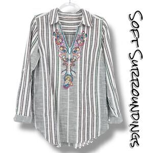 Soft Surroundings Embroidered Boho Tunic Top Striped Cotton Womens Sz Small Flaw